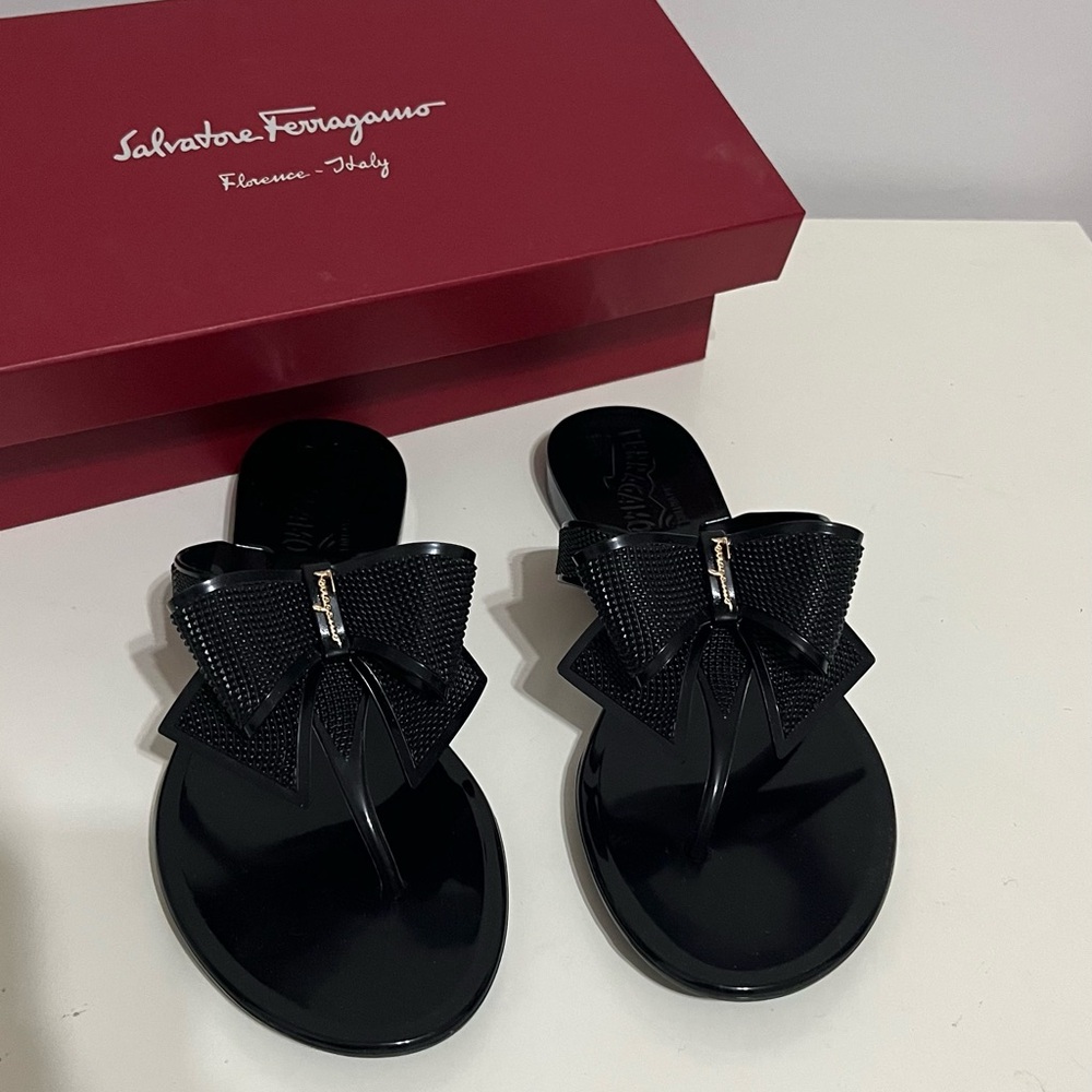 Salvatore Ferragamo Black Satin Sandals with Bow